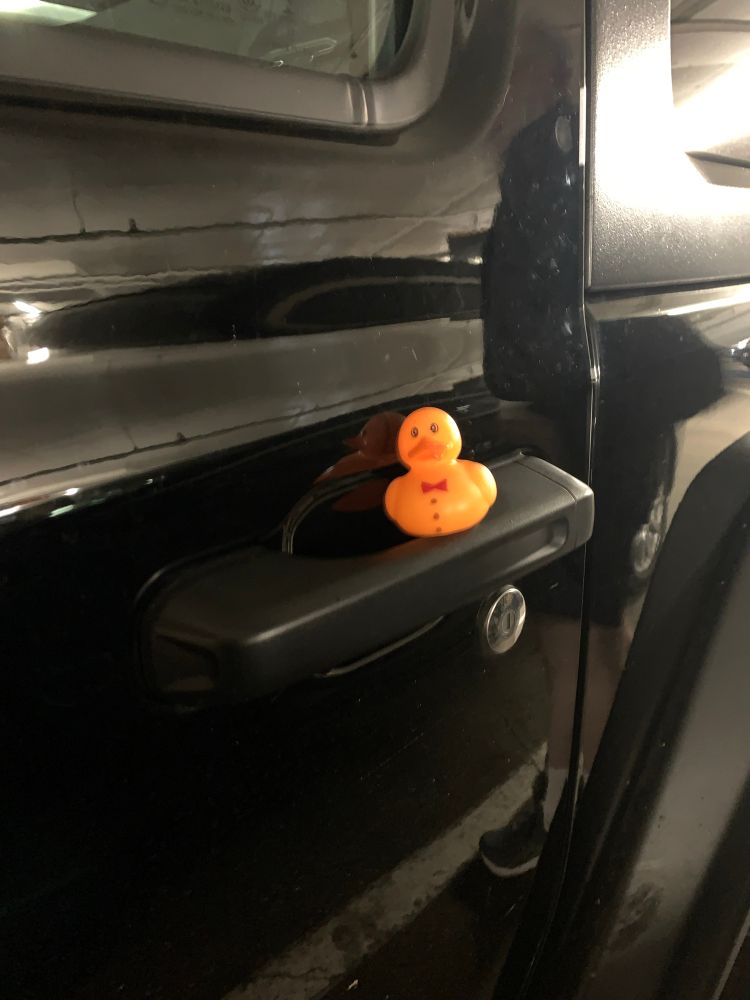 A small rubber duck, sporting its own included bowtie, perched on the driver’s side door handle of black Jeep Wrangler. 
