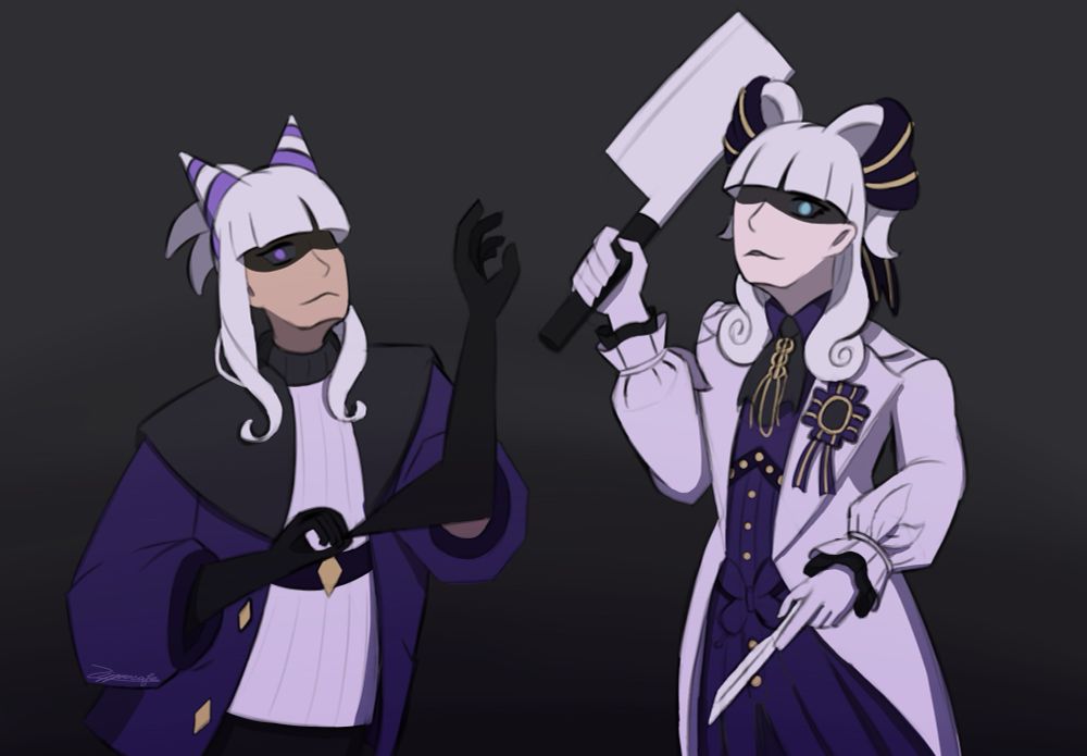 Digital drawing of Olivia Park (in her young adult design) and Maria Gorey. Olivia is pulling on a glove, while Maria is holding her butchers knife and scalpel. They are staring at you.