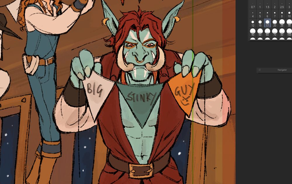 WIP of a full comic. A troll holds up a banner reading: Big Stinky Guy >:)