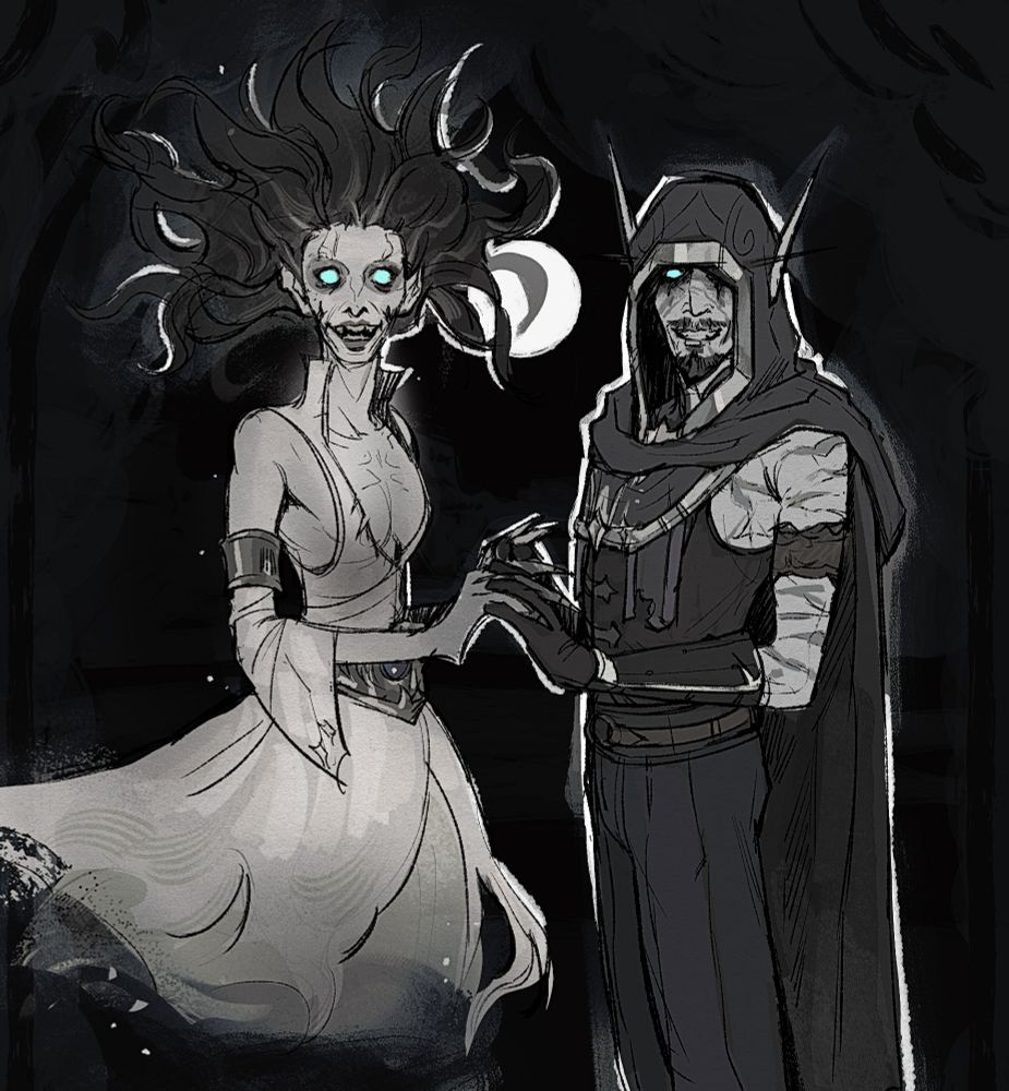 A drawing of two undead figures. To the left is a gaunt, ghost banshee from World of Warcraft in a white dress with her hair flowing around her, and she is smiling frighteninly at the camera. She is holding the hands of the figure to the right lovingly. He is a death knight from WoW, dressed in a cloak and dark garbs, also smiling at the camera in a stiff but earnest fashion. Both their eyes glow blue without pupils. A moon lights them up in the background.