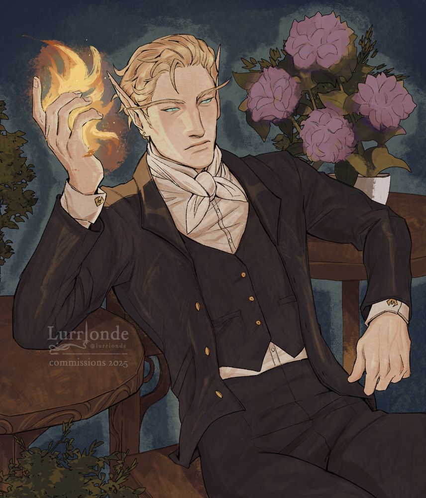A commission half body for @bladesend . The character is a blood elf with half-elven ears, lounging on a wooden chair. He has his elbows rested on tables either side of him. He is playing with a flame in his right hand. The drawing has a painterly look, like a court sketch. He looks unimpressed or bored, and is wearing a noble type of black suit, with a blazer, waistcoat, slacks, and a white undershirt and necktie. He is accented by plants and a boquet of flowers on one of the tables.