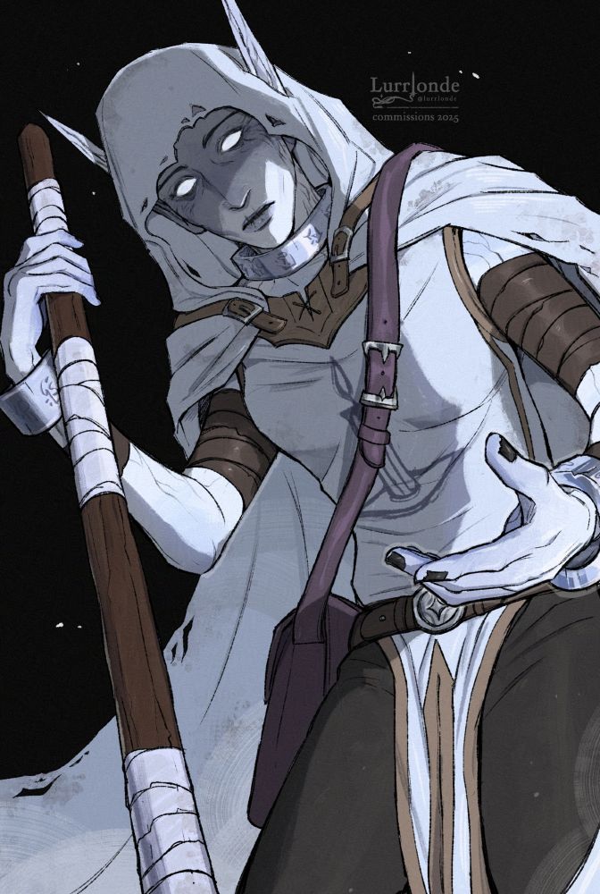 A commission half-body of a void elf. She is leaning over towards the camera and extending her hand, the other holding her wooden stave. She has faint black veins running across her arms, hands, and up her neck and face towards her eyes. Her eyes are stark white. She has a gentle expression. She is dressed in priestly garbs, with a tabard that has a candle sigil on it. She has manacles on her wrists and around her neck.