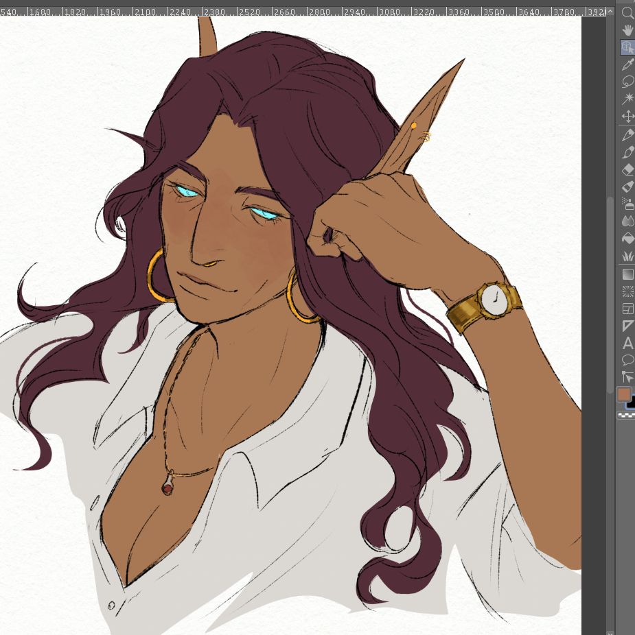A drawing of a queldorei. She has long dark maroon hair, and she is resting on her head on her knuckles. She has golden jewellery, a gold watch, and a potion bottle necklace, and is smirking at something.