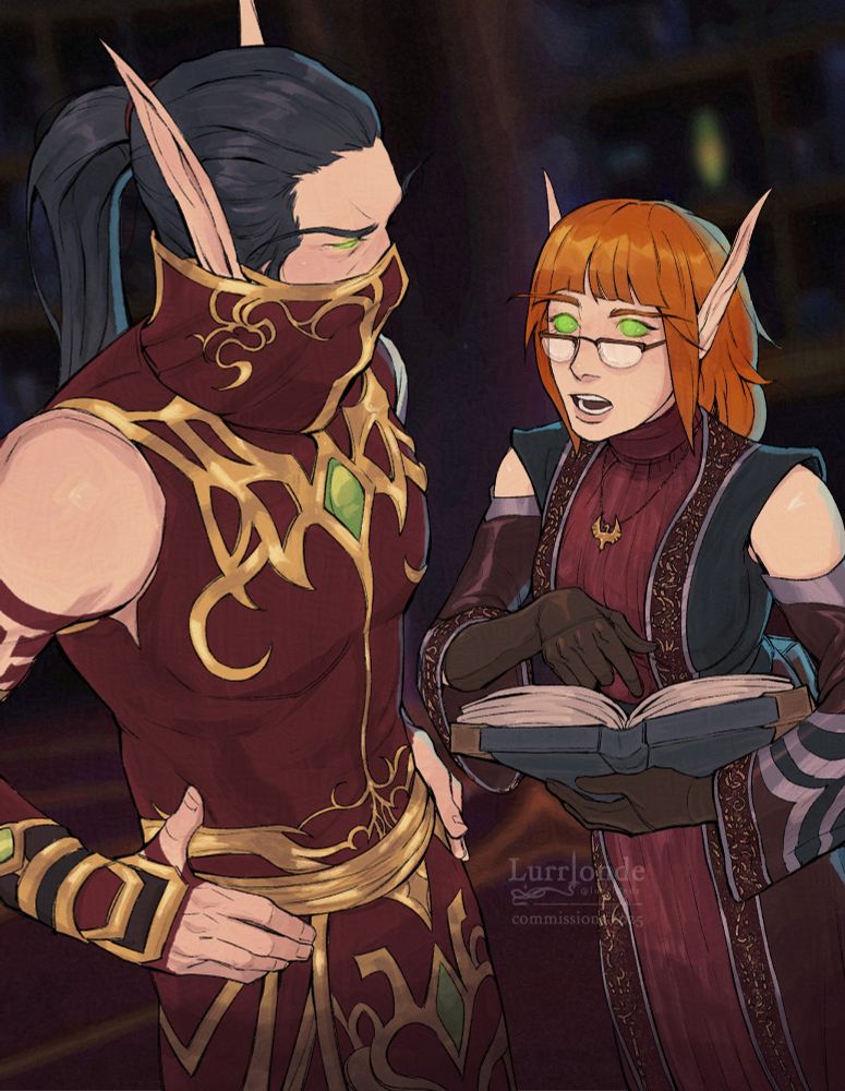A commission half-body of two characters: Rommath from World of Warcraft and @ grandmastervole 's Essian. Essian is on the right, and is looking up at Rommath while holding a book which she is pointing at. She is explaining or suggesting something to him with an inquisitive look. Rommath has his hands on his hips and is looking down at her, frowning as if he disgruntled by the interaction. They are in the Sunfury Spire library.