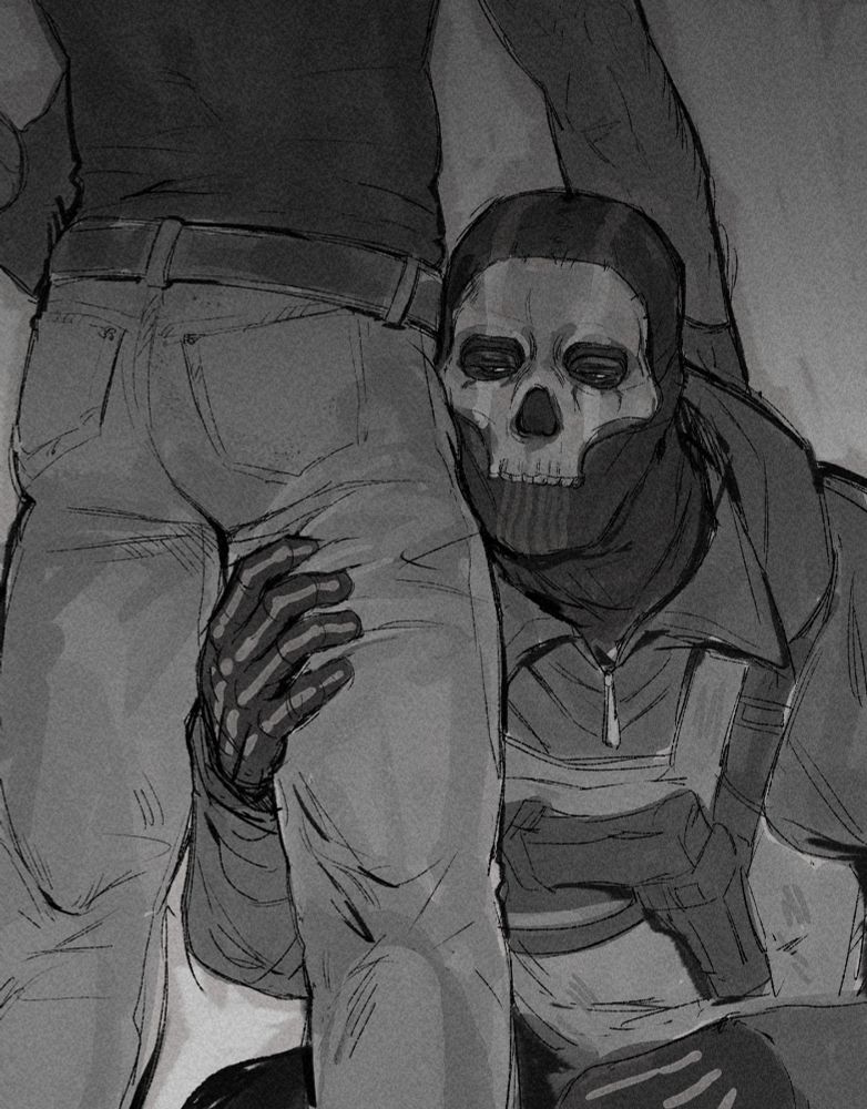 A sketch of Modern Warfare 2 characters: Ghost and Soap. Soap is standing in front, with a hand on Ghost's back. Ghost is sitting, tightly gripping Soap's thigh.
