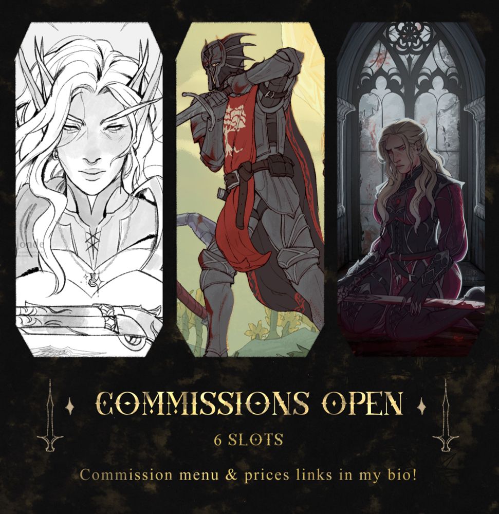The text reads: Commissions opening, 6 slots, commission menu & prices links in my bio!