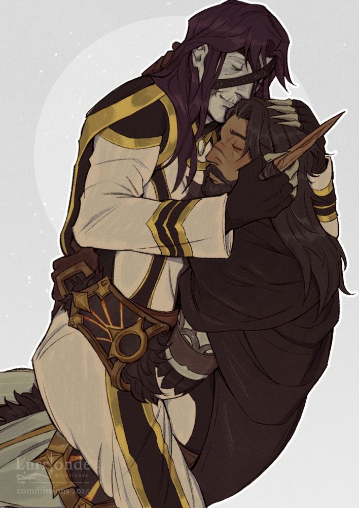 A commissioned illustration of @toastylynx 's characters. It is of a forsaken priest and blood elf paladin gently embracing each other, with the forsaken on the blood elf's lap. The forsaken has priestly white, black and gold garbs on, while the blood elf has a black cloak and some heavy plated gauntlets and leg armour. The colours are warm, and the background is an off-white.