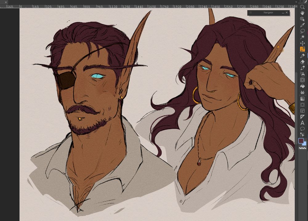 A sketch of two queldorei. On the left is Dev, with short maroon hair and an eyepatch. He has a slightly uneven curled moustache and roughly groomed beard. He's wearing a collared beige shirt. On the right is his sister, Fefain. She has long dark maroon hair, and she is resting on her head on her knuckles. She has golden jewellery, a gold watch, and a potion bottle necklace, and is smirking at something.
