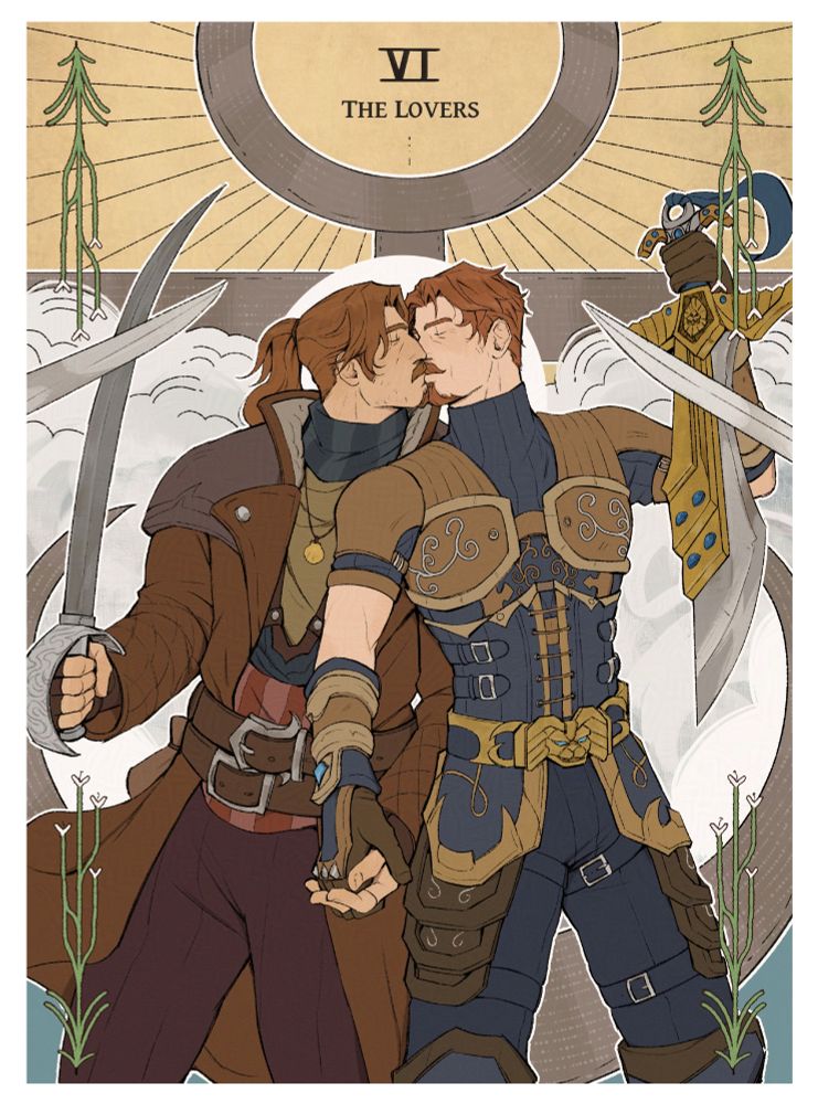 A commission for @ sshomoerotica.bsky.social of Flynn Fairwind and Mathias Shaw from World of warcraft. They are standing together, holding their swords in defense either side of them, while they hold hands and share a gentle kiss. There is symbolic imagery of clouds, sunrays, and an anchor behind them. It is based from The Lovers tarot card. 
