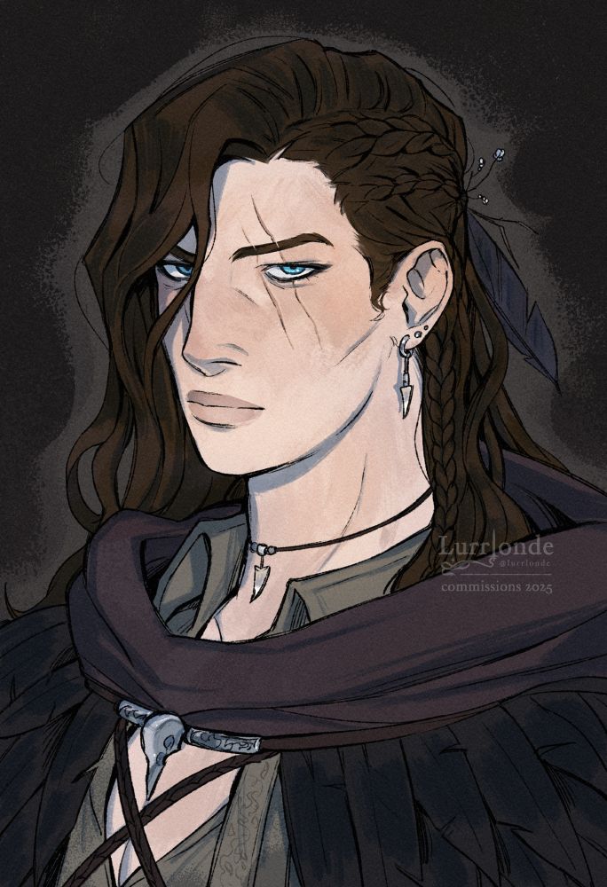 A commissioned bust of a Gilnean harvest witch from World of Warcraft. She is looking at the camera with a scrutinising expression. Her hair is braided back, with half of it falling free and covering her eye. She is wearing a hood with feathers docked on her shoulders, and a collared patterned tunic underneath. Her hood is decorated with a silver crow skull, and she is wearing jewellery of teeth and silver. She has a scar across her eye. 