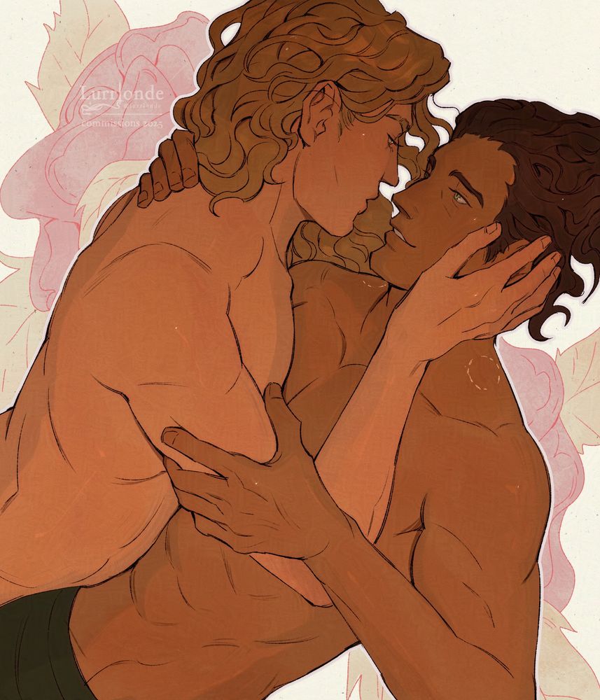 Commissioned art of Osorin (left) and Nix (right). Osorin is laying over Nix, gently cradling his face, and looking into his eyes. Nix is staring back from beneath him, looking at him fondly. Osorin has long, golden blond, curly hair. Dark brown, intense eyes with a thin ring of gold around the pupil. With wide shoulders and a narrow waist, lightly muscled. Nix has dark brown hair with a wave to it, green eyes with a ring of silver around his pupils. He has a muscular build. He also has two bite mark scars, from human teeth, on the curve of his neck. The background is faded-out roses.