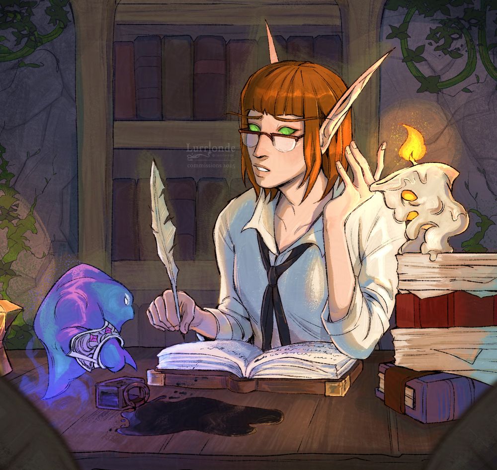 An illustration of @allyvict.bsky.social‬ 's Essian Salonar sitting at a desk, late at night with her familiar, and companion Waxwick. She is writing in a journal, and leaning on her elbow. She has a slightly incredulous expression as she looks at her familiar, who has knocked over an ink pot, which has bled onto the table and near her journal. Waxwick, standing on a pile of books and paper next to her, is looking at the spilled ink too. The scene is lit by Waxwick's candlelight, and an incense burner to the left.