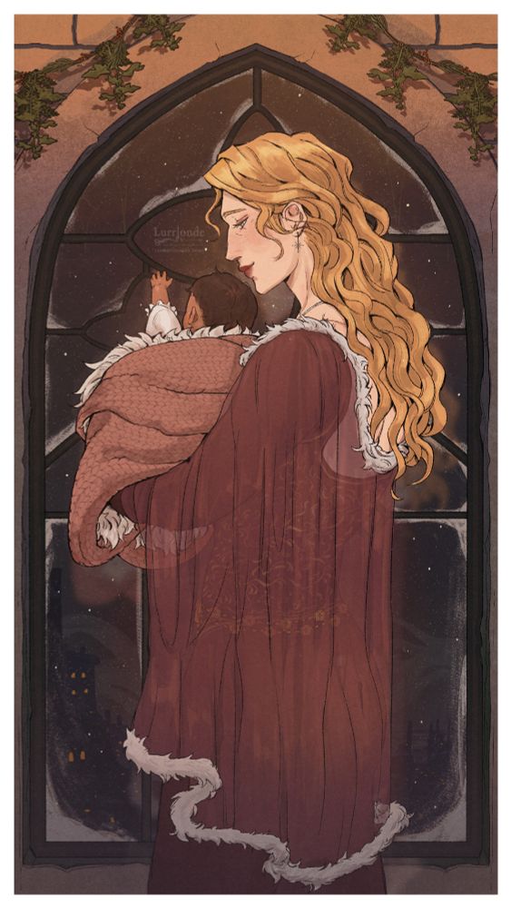 An illustrated commission of Aurora Castillo, holding her baby up to the window. The baby is reaching out towards the falling snow. Aurora is looking down at her softly, cradling her in a knitted blanket.