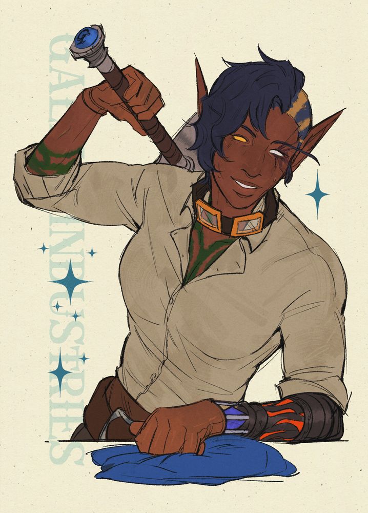 An illustration of @goddragonking.bsky.social 's Emirelle, smiling and leaning on her robotic arm. She is wearing a white open shirt, and blacksmith goggles around her neck. She's sweating slightly, leaning forward on a blue rag, as if leaning on a counter. She's holding a steel blacksmith hammer over her shoulder. The background text reads: Galiar Industries.