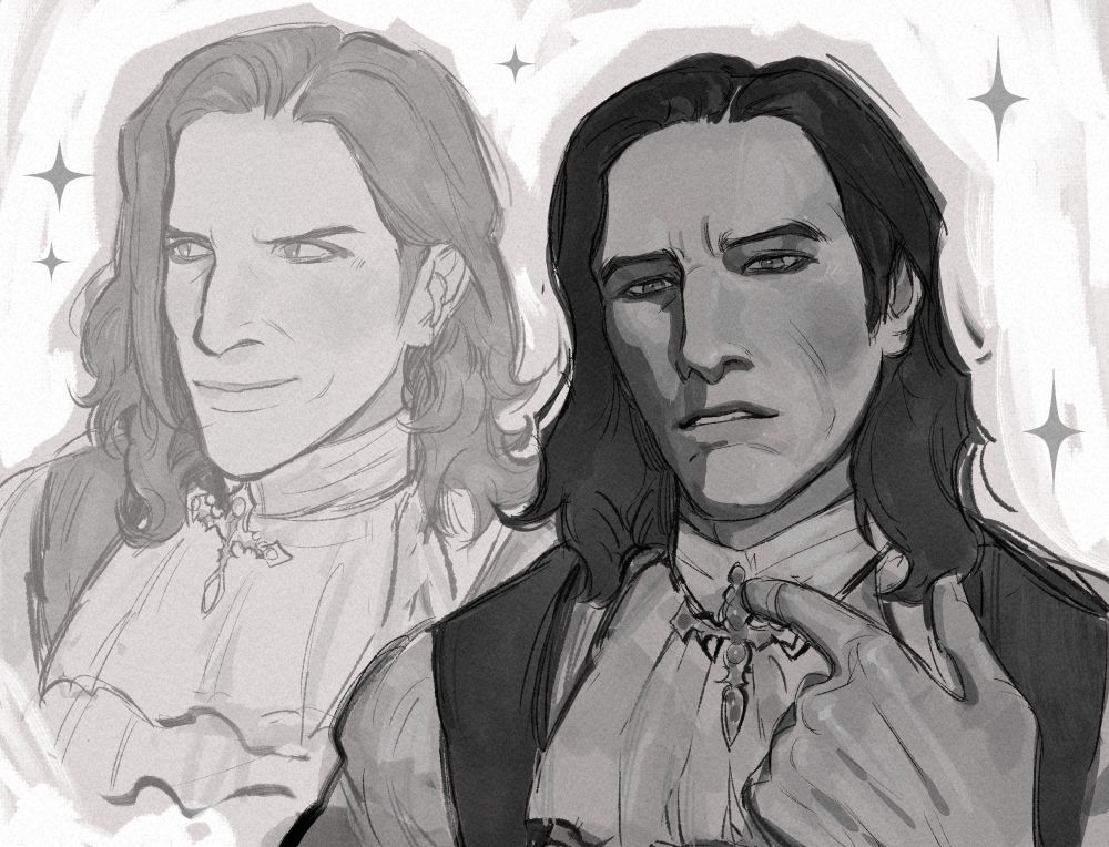 A drawing of Jerma, dressed in his vampire outfit from his Halloween stream. In one pose he is facing to the left, smirking slightly, and the other he is pointing to his cross broach with a sullen look.