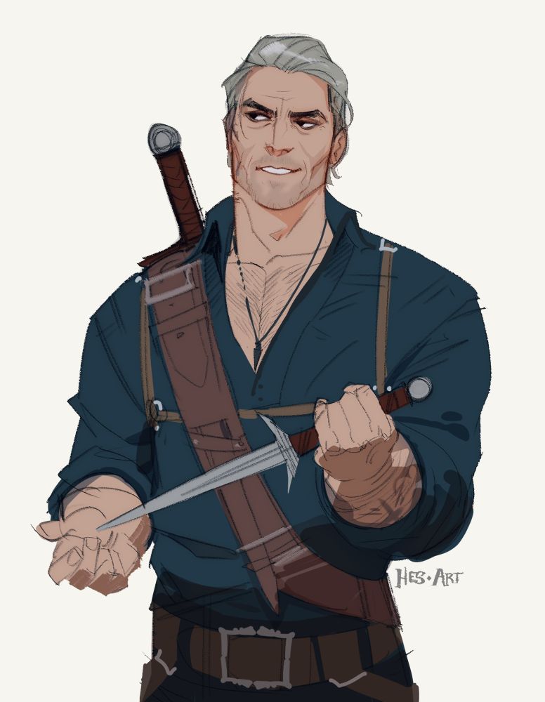 A commission by @ sbeep of OP's character Captain Dan. He has silver hair, dark eyes, with slightly tanned skin. He has a five o'clock shadow, with a scar on his right cheek. He has tattoos on his forearms. He's smirking while looking out the corner of his eye, like he's plotting something, while he holds a dagger in front of him, gently resting the blade on the palm of his other hand. He's wearing a dark teal shirt, with a sword belt & harness across his check.