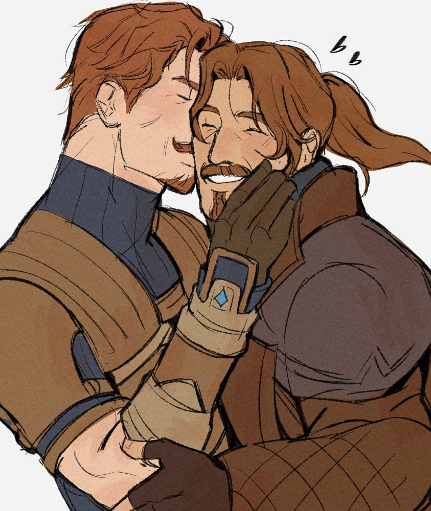 Mathias pulling Flynn in by the cheek to smooch his face. Flynn looks very happy about it.