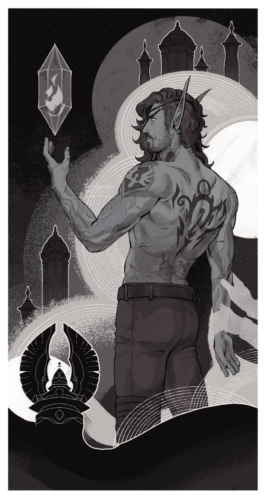 A 'Roll the Dice' illustration for @chiiri.bsky.social of his blood elf character Inris. He is standing with an arm extended, where an arcane crystal floats above his hand. The background is of various circular shapes, with Silvermoon building silhouettes popping up from the tops of them. A pair of hands gently holds onto his other arm, pulling him back.