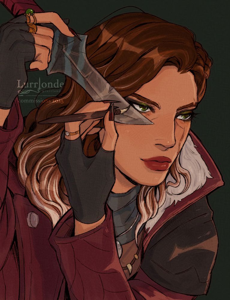 A coloured bust of a commissioned character, 'Leila'. She is holding up a knife, and using it as a guide to applying eyeliner. She has auburn hair with white highlights at the end with emerald eyes and makeup. She has a Kul Tiran style overcoat on, black gloves, and jewellery.