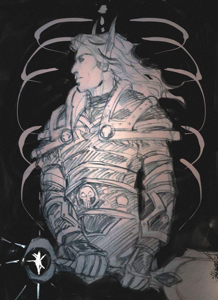 A traditional sketch of Koltira from World of Warcraft. He is looking to the side whilst holding his sword, Byfrost. He is framed by a ribcage.