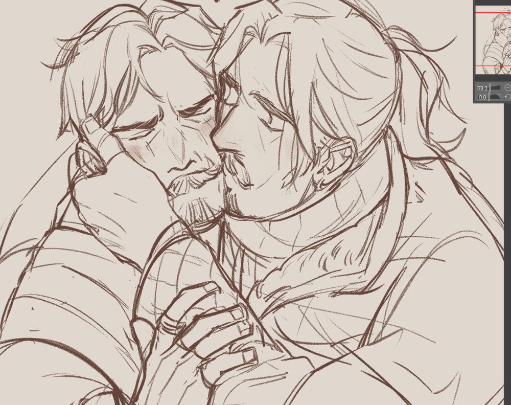 A sketch of Flynn Fairwind holding Mathias Shaw close to him by the cheek while he gives him a smooch there. Mathias's brow is furrowed, reluctantly enjoying it.