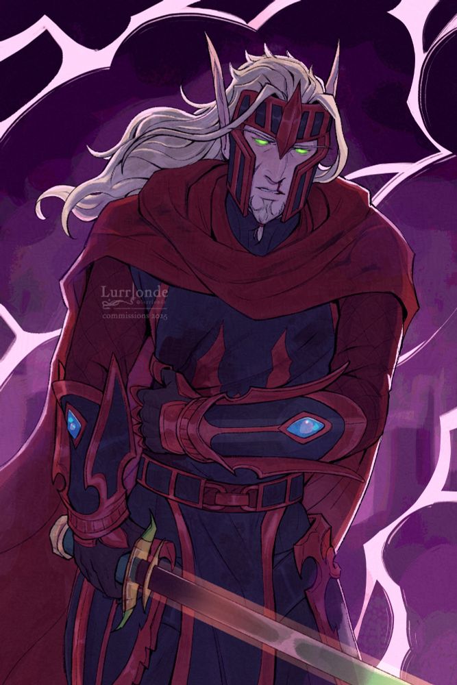 An commissioned illustration of a blood elf from World of Warcraft for @ratkaiju.bsky.social. He is leaning forward, holding his bleeding injured side. He is wearing a full set of blood knight esque armour with a red cloak, gripping his sword. The background is a deep purple Netherstorm sky, with white lightning bolts casting across it.