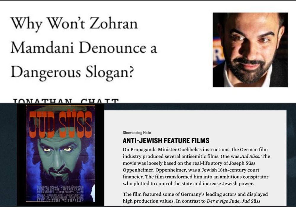 Anti Mamdani piece, illustrated with a shadowy picture of his face, juxtaposed with a movie poster for the antisemitic film Jud Süss, illustrated with a similar-looking shadowy picture of the actor portraying Joseph Süss Oppenheimer.