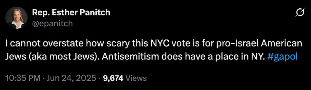Tweet from Georgia rep Esther Panitch, claiming "I cannot overstate how scary this NYC vote is for pro-Israel American Jews (aka most Jews). Antisemitism does have a place in NY."