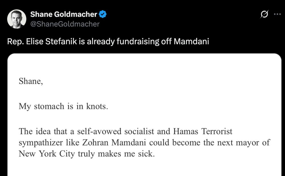 Segment of a fund-raising email from Elise Stefanik, saying that Mamdani's election "makes me sick."