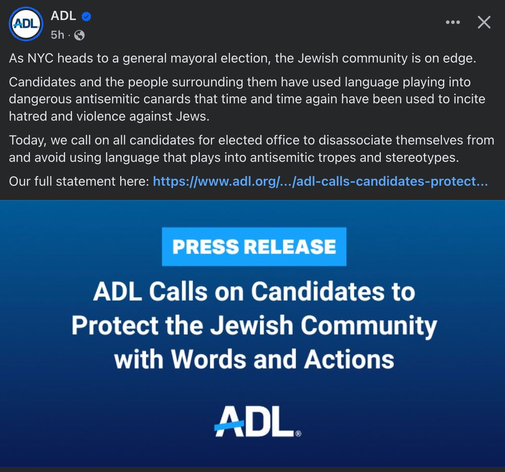 ADL press release calling on NYC mayoral candidates to "disassociate themselves from... antisemitic tropes and stereotypes"