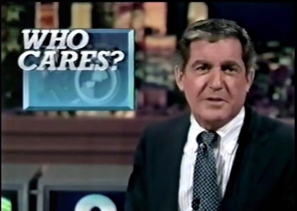 Anchorman with story graphic reading "WHO CARES?"