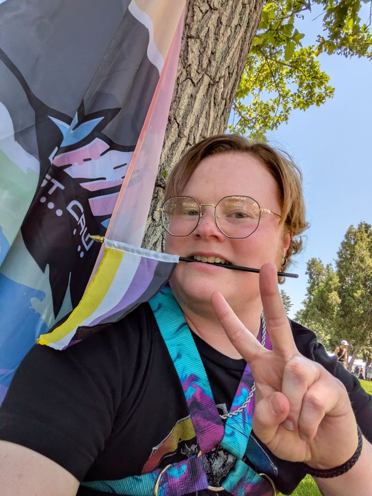 A nonbinary person in front of the last Caw pride flag with a trans pride colored feather logo. They have a nonbinary pride flag in their mouth and are holding up a peace sign with their hand. They are wearing a teal and purple harness. 
