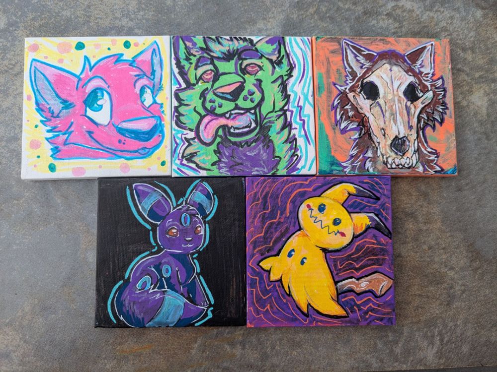 5 4" canvases that have been painted. 