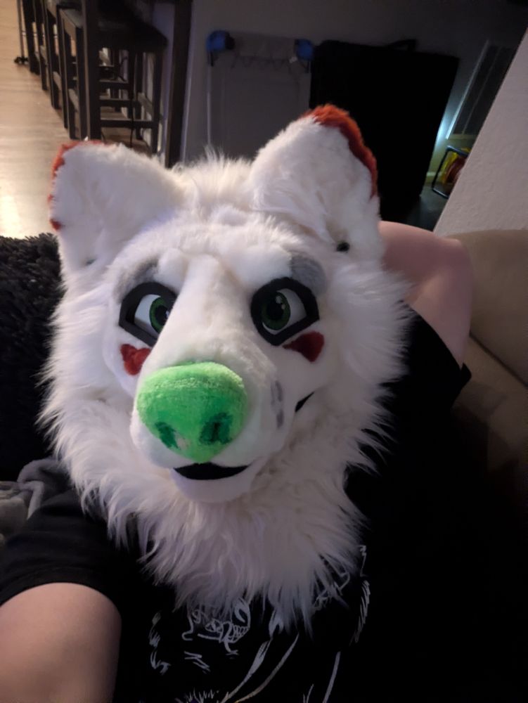 A person wearing a white wolf fursuit head with red markings and a neon green nose laying on the couch.