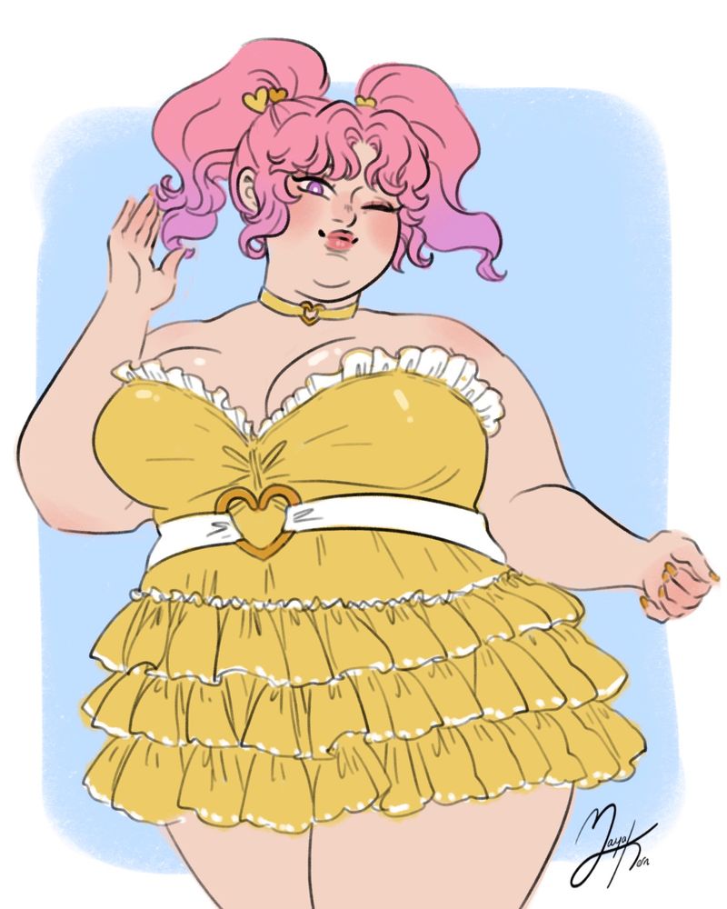 drawing of a cute fat girl with pink pigtails and a yellow idol outfit