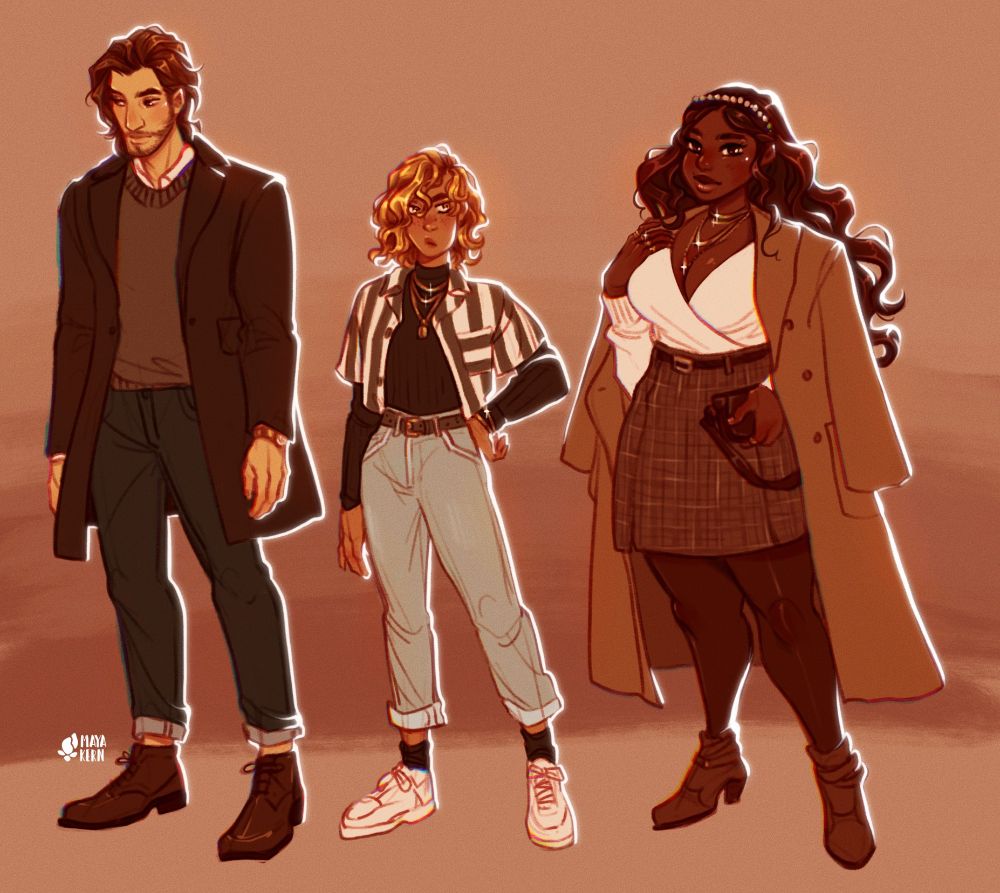 digital drawing of three characters in modern outfits