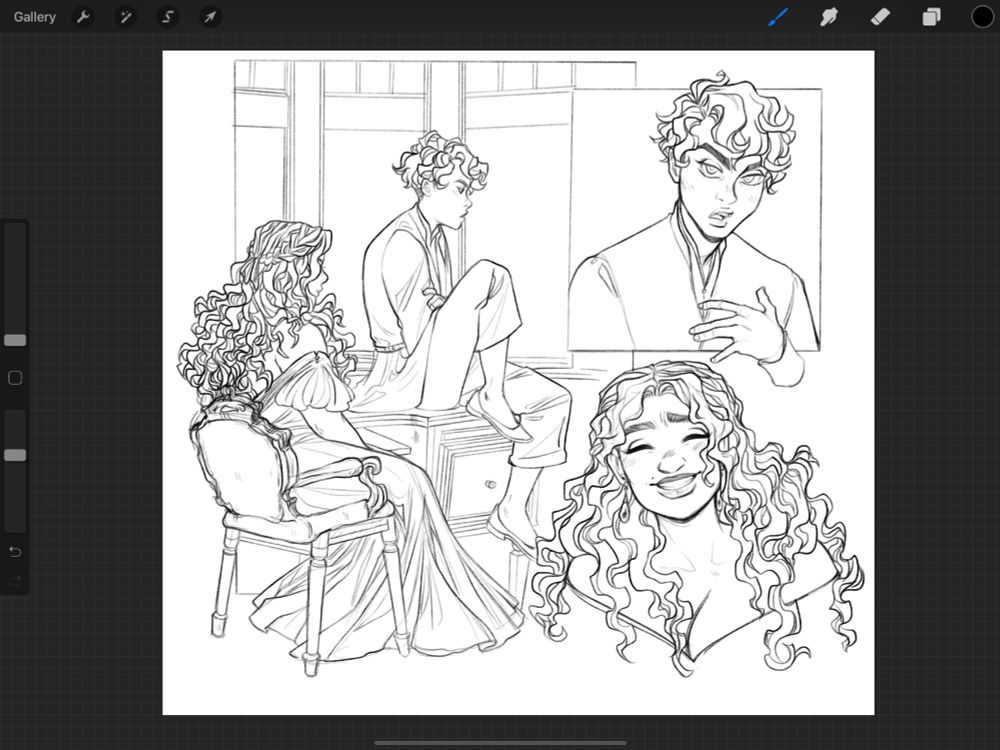 digital sketch of Allene and feon having a conversation 