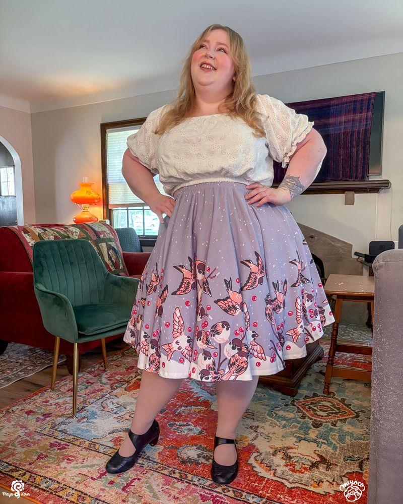 maya wearing meyoco's sparrow design in size 2XL-3XL