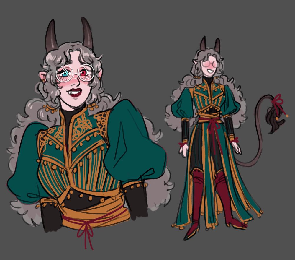 digital sketch of a pale skinned tiefling woman with fluffy gray hair and big round glasses 