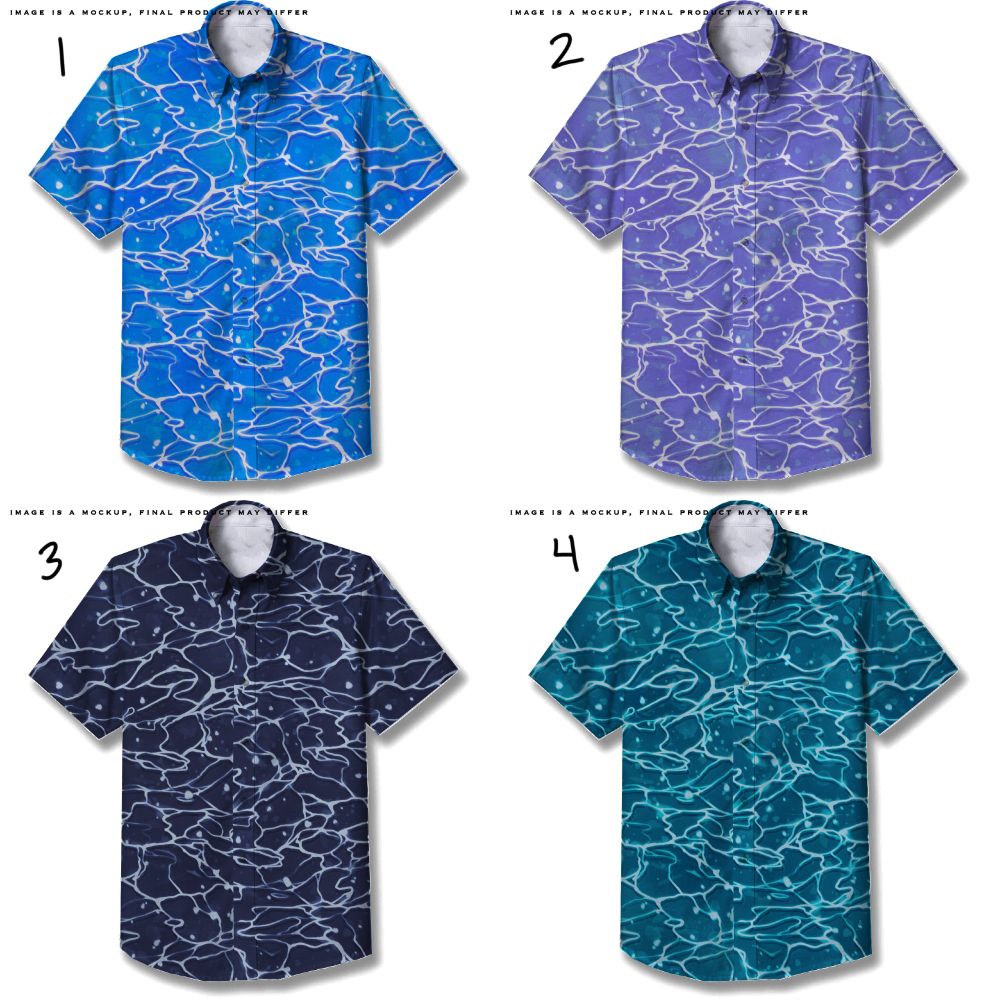 image of several digital mockups of various colored ocean patterns on button up shirts