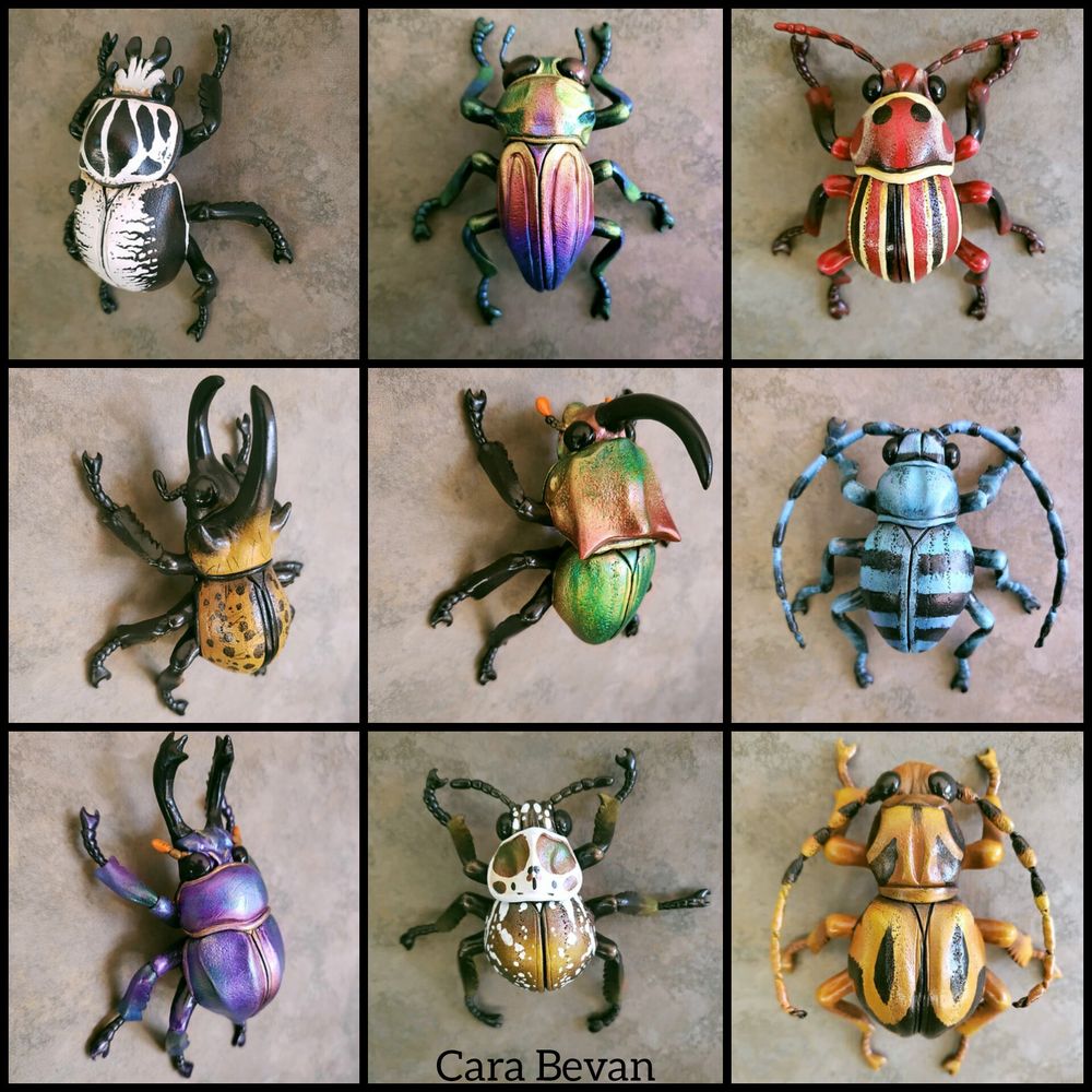 A montage of 9 beetle sculptures by Cara Bevan, displayed in order: Goliath, Jewel, Red Leaf, Hercules, Rainbow Scarab, Blue longhorn, Aurora Stag, Arizona Leaf, and Longhorn beetle. 