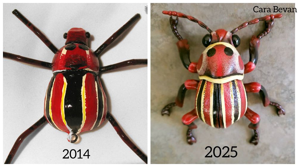 Two beetle sculptures side by side, the left from 2014 and simpler in design, and the right from 2025 much more detailed and accurate. The pair displaying and evolution in technique and skill by the artist, Cara Bevan. Beetles are red with stripes of black and pale yellow of the Red Leaf Beetle.