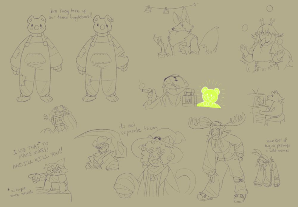 A sketch page of some of the players in Balloon SMP. Features Buggleboos, MankeyDog, Zora Morphimus, SophieSteak, BaileyFeesh, Claire Mysillycomics, Serpy Chefmaeda, RobbyDude, Skullvolver, SocksBx, and Swindy.