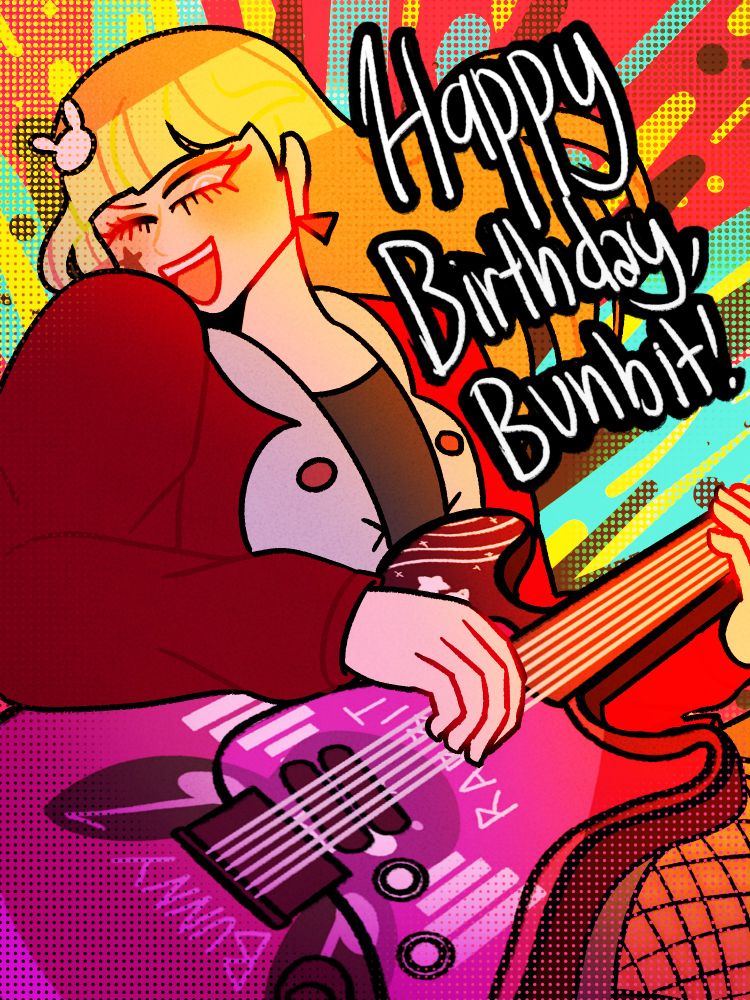 A birthday art featuring Fumiko from "The Desire for Spices & Cat Litter". She has reddish hair and pink eyes. Her hair is styled with a bunny hair clip, and she also has red eyeshadow. She also has a star on her cheek, and a triangle earring.

Fumiko is holding a guitar and winking with a camera.