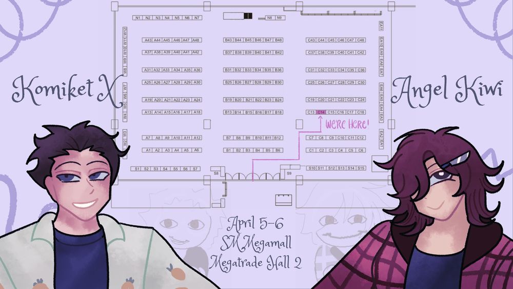 A drawing of Togidemi and Vistrology together with the text "Komiket X" "Angel Kiwi' and "April 5-6, SM Megamall Megatrade Hall 2".