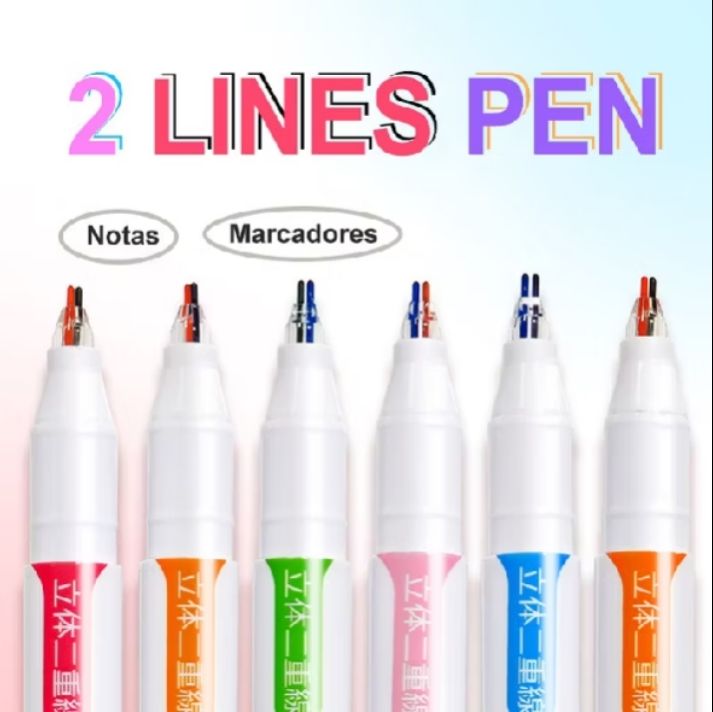 Canetas de ponta dupla em 6 cores diferentes.