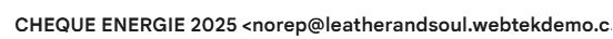 Screen de l'en tête d'un mail de phishing, intitulé "Chèque énergie 2025", avec une adresse mail norep@leatherandsoul blablabla