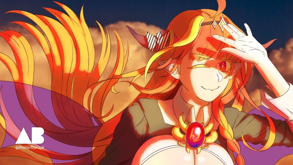 Close up of digital drawing depicting former virtual youtuber "Kiryu Coco" flying on a sunset sky.