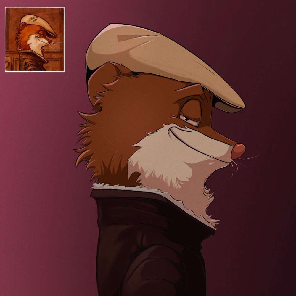 Drawing of Weekly from the comics Blacksad, a male anthropomorphic weasel. He is grinning at the viewer with a comically raised eyebrow, seen from side profile. In the upper left corner is a reference of the same subject, from the original comic. 