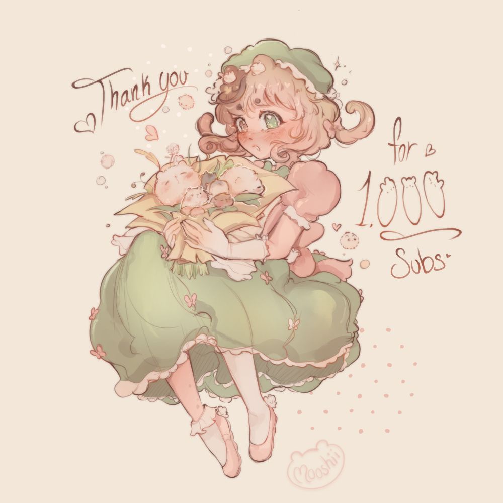 Character with brown and blonde split dye looks towards the left as she holds up a bouquet of hamsters and flowers. She has a puffy green dress and cap. Words around her read "Thank you for 1000 subs".
